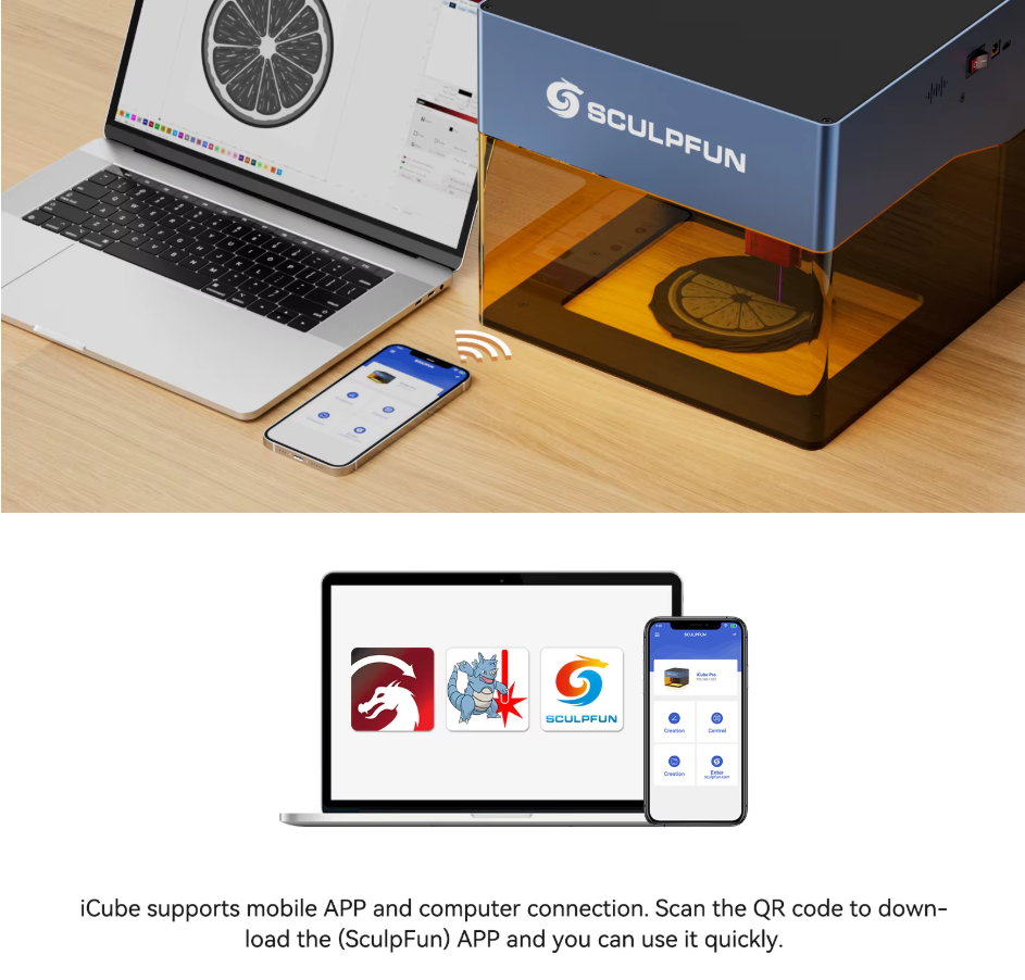 Laser Graveermachine - Sculpfun iCube Pro - Laser Cutter - Bluetooth - Graveer Machine - Met Rookfilter - 5W Vermogen - 10000 mm/min Hoge Snelheid - App Bediening - 130x130mm Graveeroppervlakte