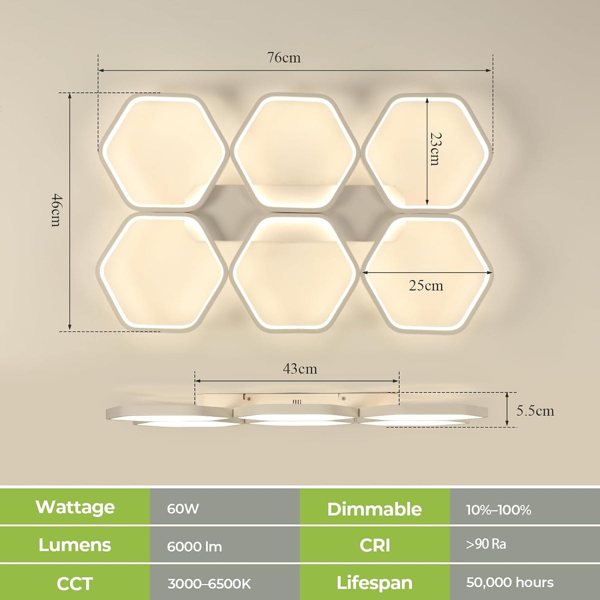 LED Ceiling Light - White - Length 76 cm - Dimmable - 3 Light Colours - With Remote Control - 60 W - Memory Function - Night Light And Timer