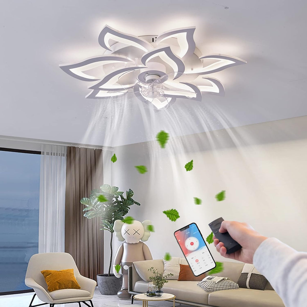 LuxiLamps - 10 Lotus Ventilator Lamp - Plafondventilator - Smart Lamp - Met Dimmer - 6 Standen Ventilator - Keuken Lamp - Woonkamerlamp - Moderne lamp