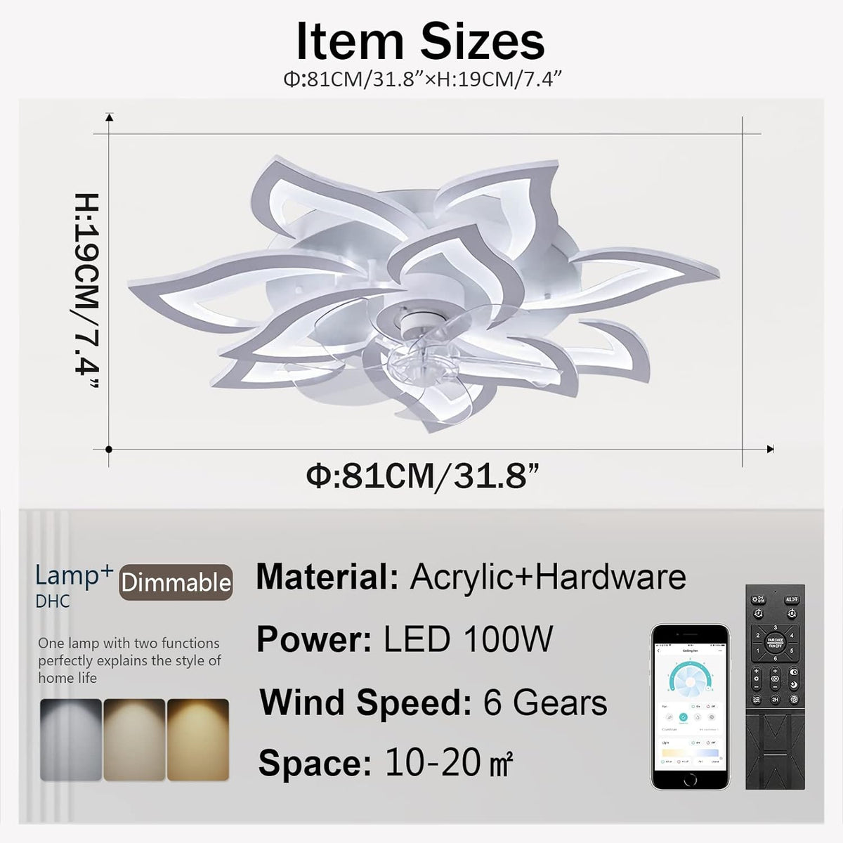 LuxiLamps - 10 Lotus Ventilator Lamp - Plafondventilator - Smart Lamp - Met Dimmer - 6 Standen Ventilator - Keuken Lamp - Woonkamerlamp - Moderne lamp