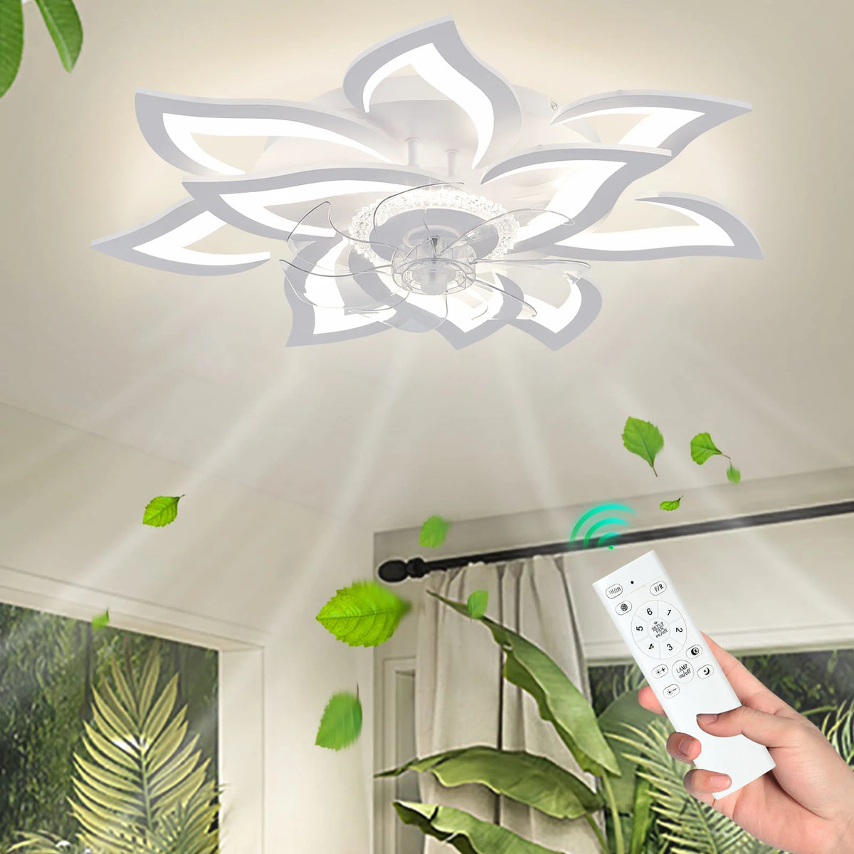 LuxiLamps - 10 Lotus Ventilator Lamp - Plafondventilator - Smart Lamp - Met Dimmer - 6 Standen Ventilator - Keuken Lamp - Woonkamerlamp - Moderne lamp