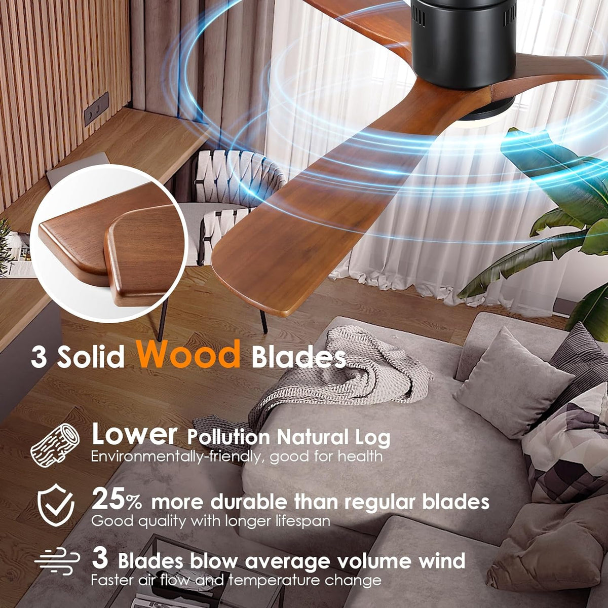 LuxiLamps - 3 Blad Plafondventilator - Moderne LED Ventilator Lamp - 6 Snelheden - Bedienbaar Met Afstandsbediening - 132 cm - Zwart - Woonkamerlamp