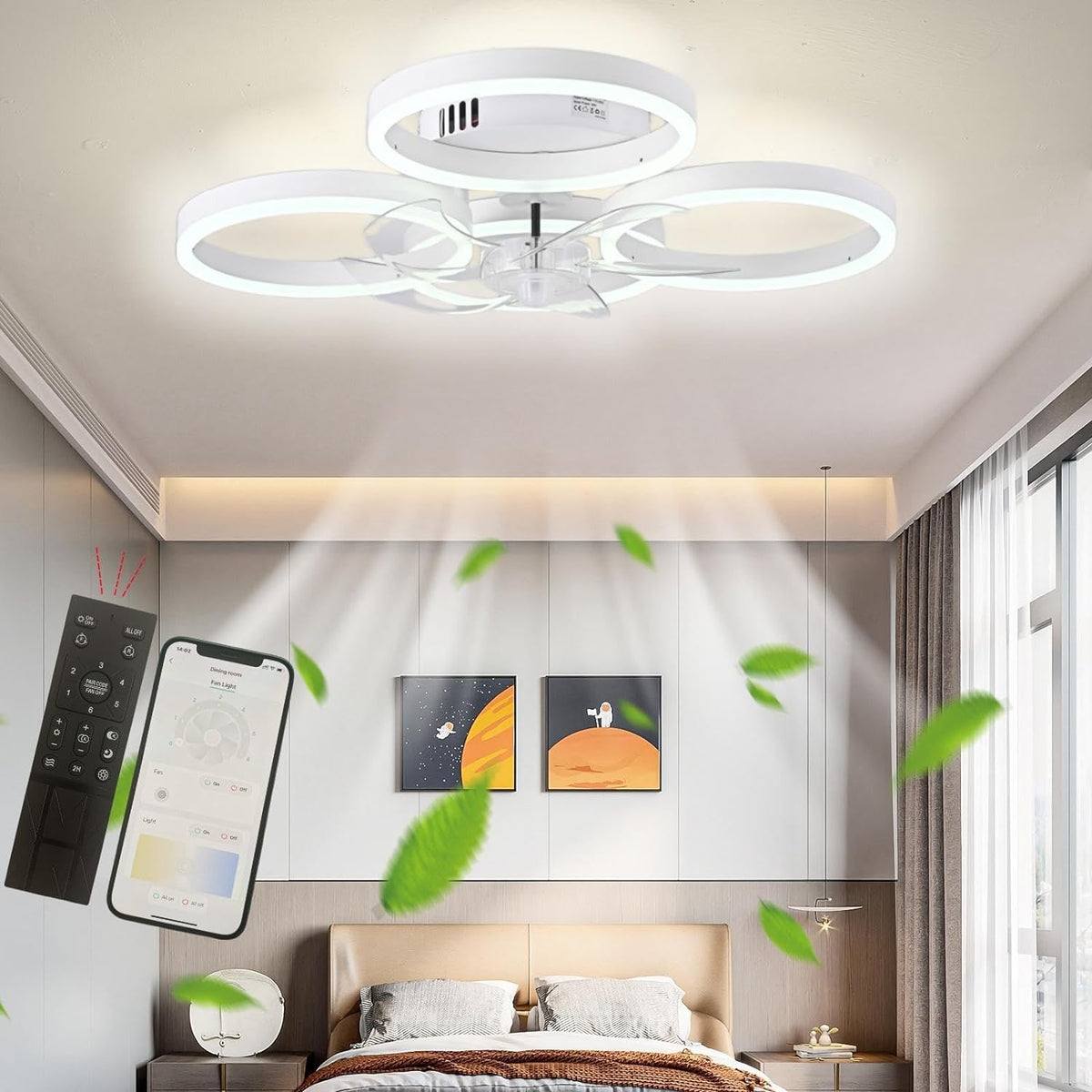 Plafondventilator Met Verlichting - 4 Lichtringen - 6 Snelheden - Wit - Dimbaar - Met Afstandsbediening En App