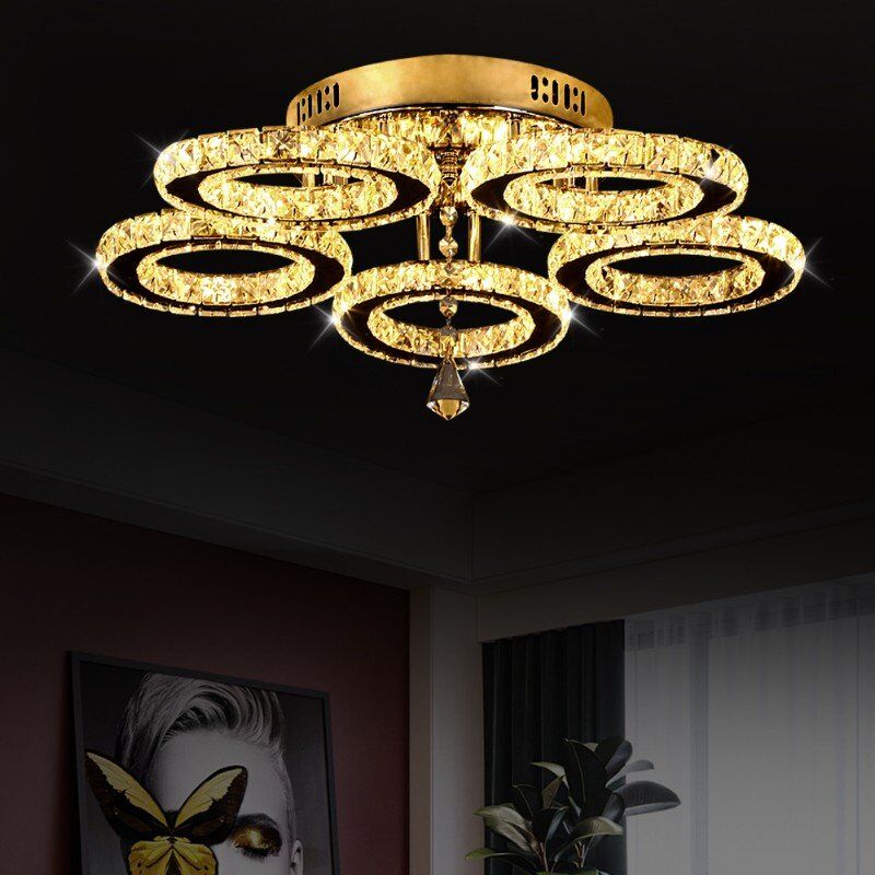 LuxiLamps - 5 Heads Ceiling Light - Dimmable With APP & Remote Control - Modern 5 Rings Chrome Chandelier - Lighting - LED Crystal Ceiling Lamp - 50W