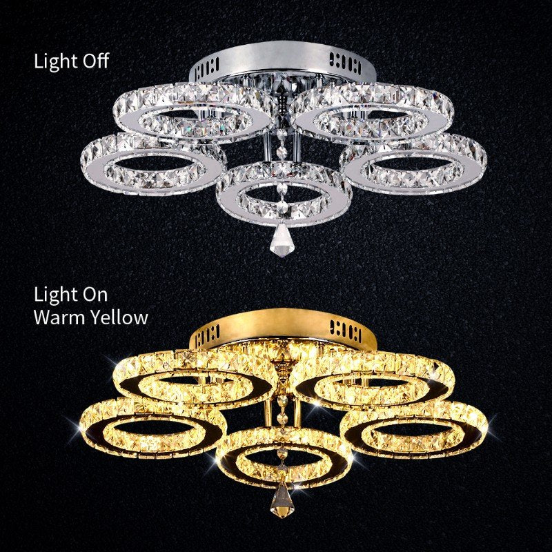 LuxiLamps - 5 Heads Ceiling Light - Dimmable With APP & Remote Control - Modern 5 Rings Chrome Chandelier - Lighting - LED Crystal Ceiling Lamp - 50W