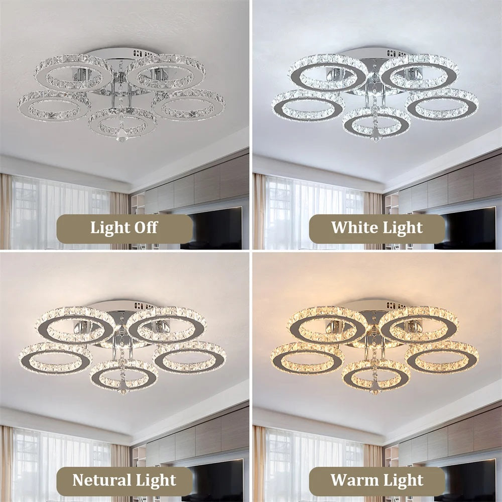 LuxiLamps - 5 Heads Ceiling Light - Dimmable With APP & Remote Control - Modern 5 Rings Chrome Chandelier - Lighting - LED Crystal Ceiling Lamp - 50W