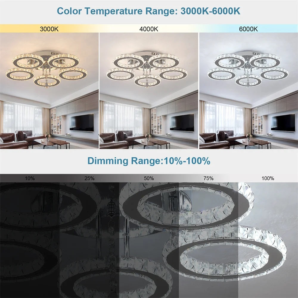 LuxiLamps - 5 Heads Ceiling Light - Dimmable With APP & Remote Control - Modern 5 Rings Chrome Chandelier - Lighting - LED Crystal Ceiling Lamp - 50W