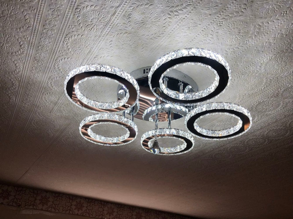 LuxiLamps - 5 Heads Ceiling Light - Dimmable With APP & Remote Control - Modern 5 Rings Chrome Chandelier - Lighting - LED Crystal Ceiling Lamp - 50W