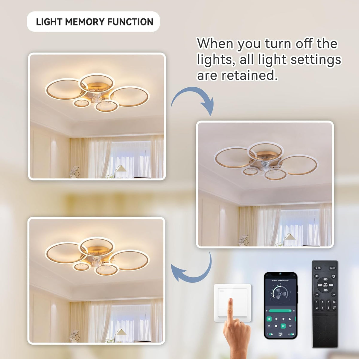 LuxiLamps - 5 Ringen Plafondventilator - Goud - 6 Snelheden - Bedienbaar Met Remote & APP - Moderne Cirkel Ventilator Licht