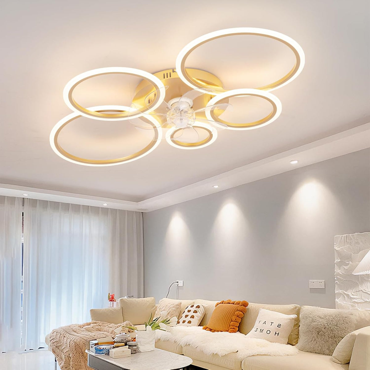 LuxiLamps - 5 Ringen Plafondventilator - Goud - 6 Snelheden - Bedienbaar Met Remote & APP - Moderne Cirkel Ventilator Licht