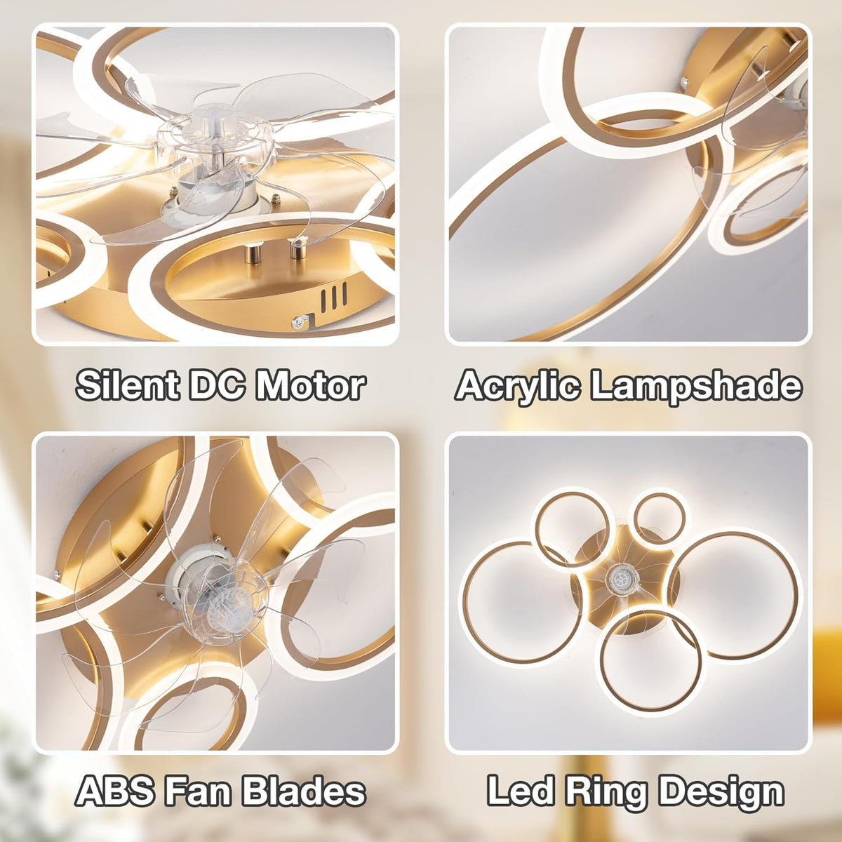 LuxiLamps - 5 Ringen Plafondventilator - Goud - 6 Snelheden - Bedienbaar Met Remote & APP - Moderne Cirkel Ventilator Licht