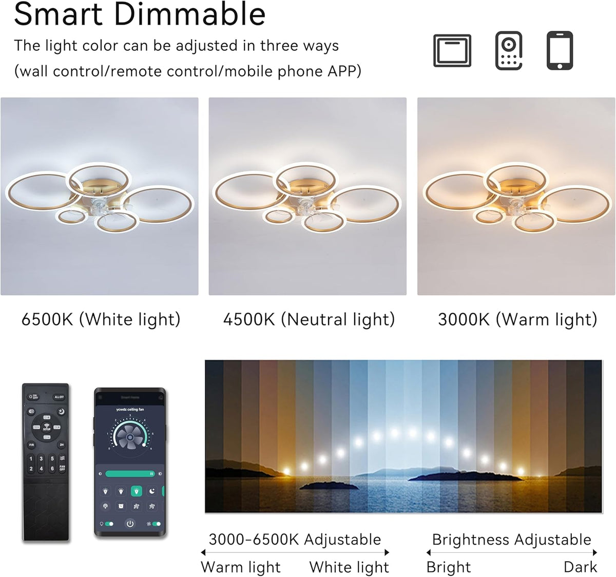 LuxiLamps - 5 Ringen Plafondventilator - Goud - 6 Snelheden - Bedienbaar Met Remote & APP - Moderne Cirkel Ventilator Licht