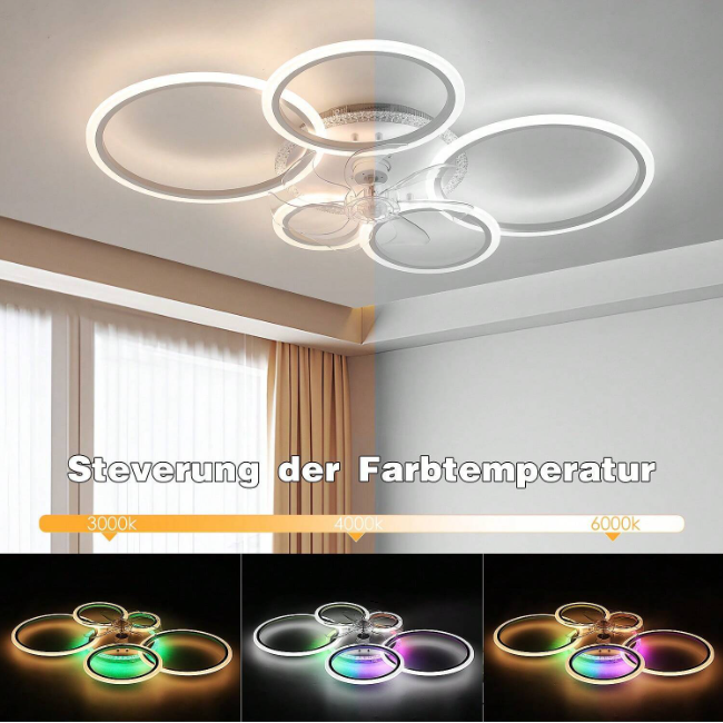 LuxiLamps - 5 Rings Ceiling Fan - RGB - 6 Speeds - Dimmable With Remote Control - 12 Colors - Modern Circle Fan Light