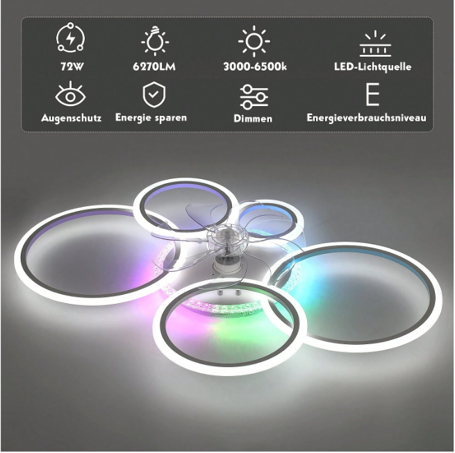 LuxiLamps - 5 Rings Ceiling Fan - RGB - 6 Speeds - Dimmable With Remote Control - 12 Colors - Modern Circle Fan Light
