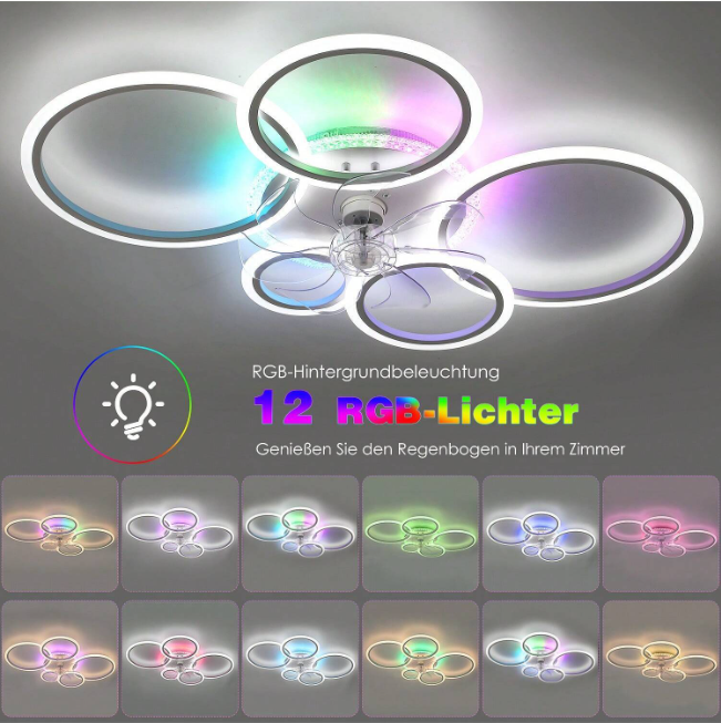 LuxiLamps - 5 Rings Ceiling Fan - RGB - 6 Speeds - Dimmable With Remote Control - 12 Colors - Modern Circle Fan Light