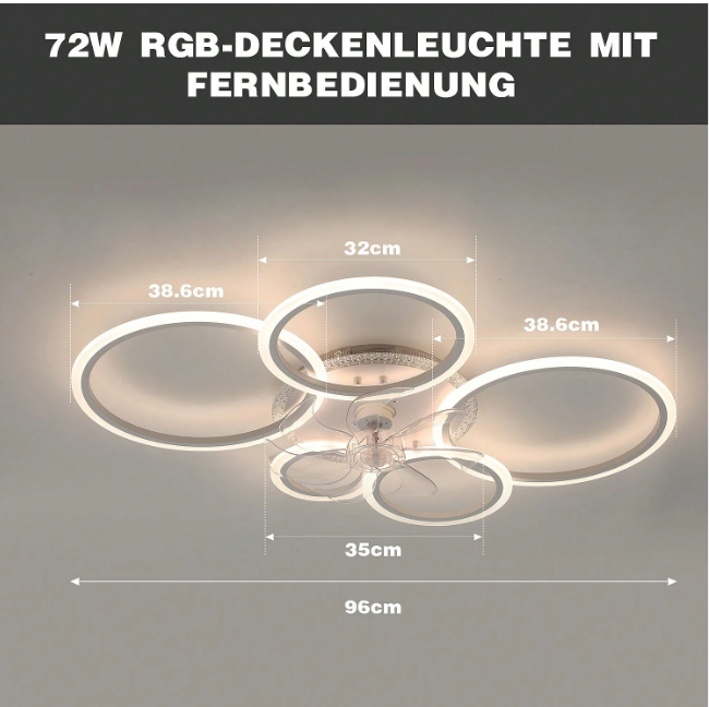 LuxiLamps - 5 Rings Ceiling Fan - RGB - 6 Speeds - Dimmable With Remote Control - 12 Colors - Modern Circle Fan Light