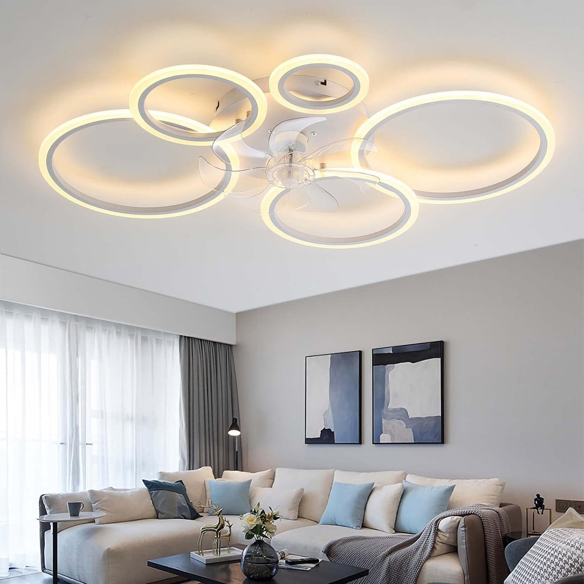 LuxiLamps - 5 Ringen Plafondventilator - Wit - 6 Snelheden - Dimbaar Met Afstandsbediening en APP - Moderne Cirkel Ventilator Licht