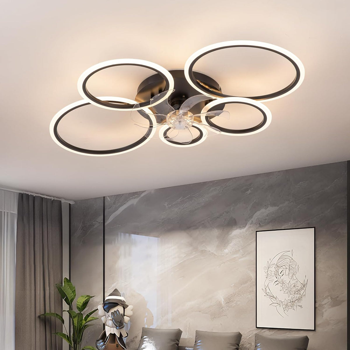 LuxiLamps - 5 Ringen Plafondventilator - Zwart - 6 Snelheden - Dimbaar Met Afstandsbediening en APP - Moderne Cirkel Ventilator Licht