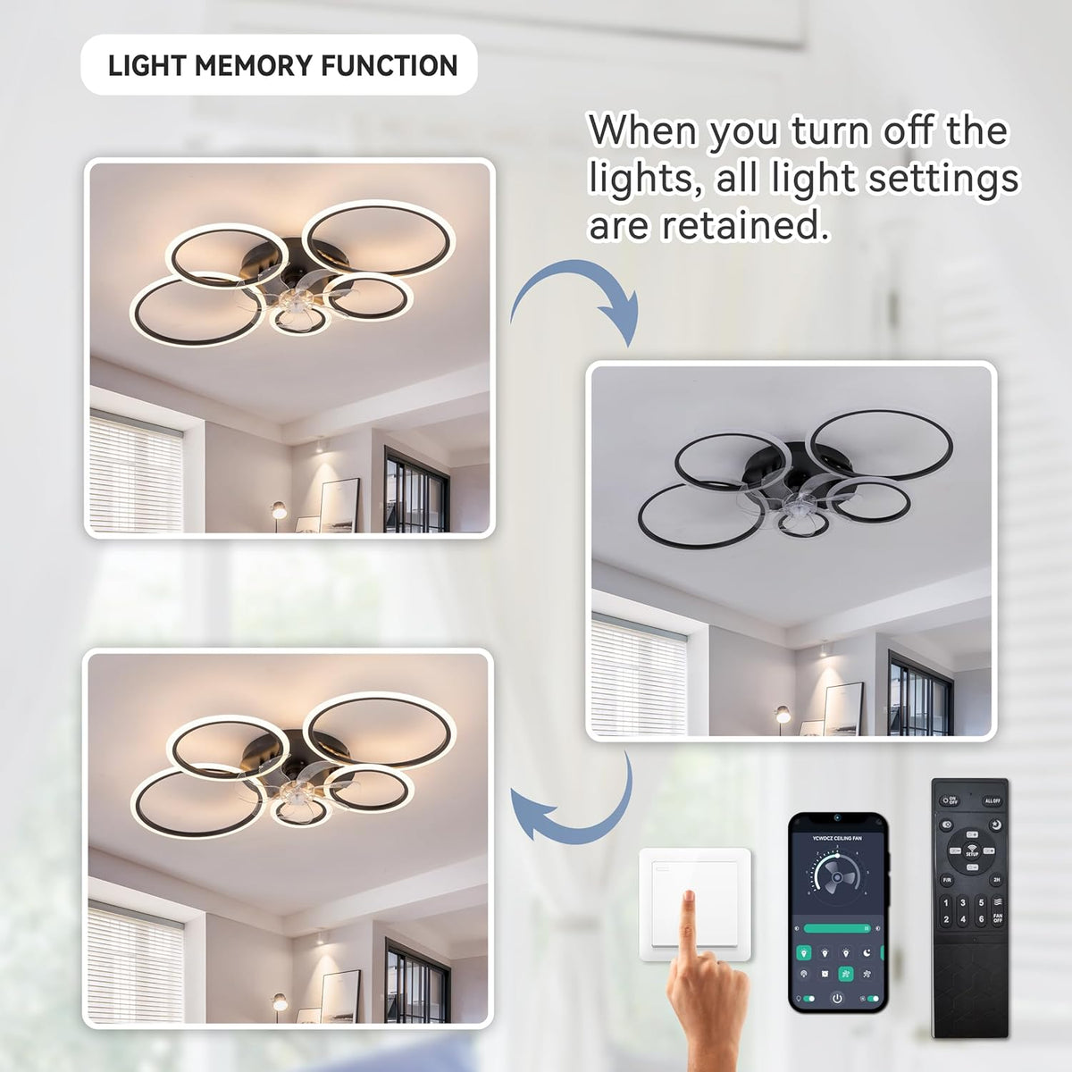 LuxiLamps - 5 Ringen Plafondventilator - Zwart - 6 Snelheden - Dimbaar Met Afstandsbediening en APP - Moderne Cirkel Ventilator Licht