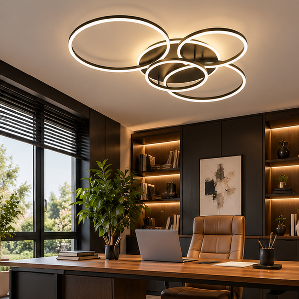 Zwarte vijf-ringen LED plafondlamp in modern thuiskantoor