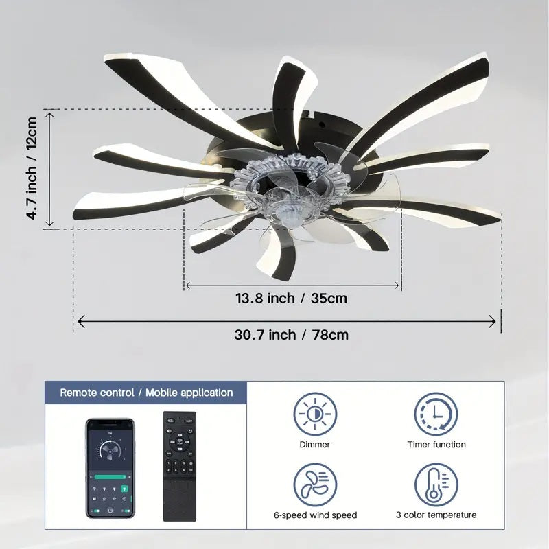 LuxiLamps - 5 Wing Fan Lamp - Dimmable With Remote Control - Black - Ceiling Fan With LED - Living Room Lamp - Modern Lamp - Ceiling Lamp