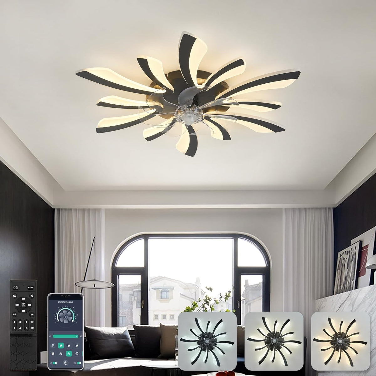 LuxiLamps - 5 Wing Fan Lamp - Dimmable With Remote Control - Black - Ceiling Fan With LED - Living Room Lamp - Modern Lamp - Ceiling Lamp