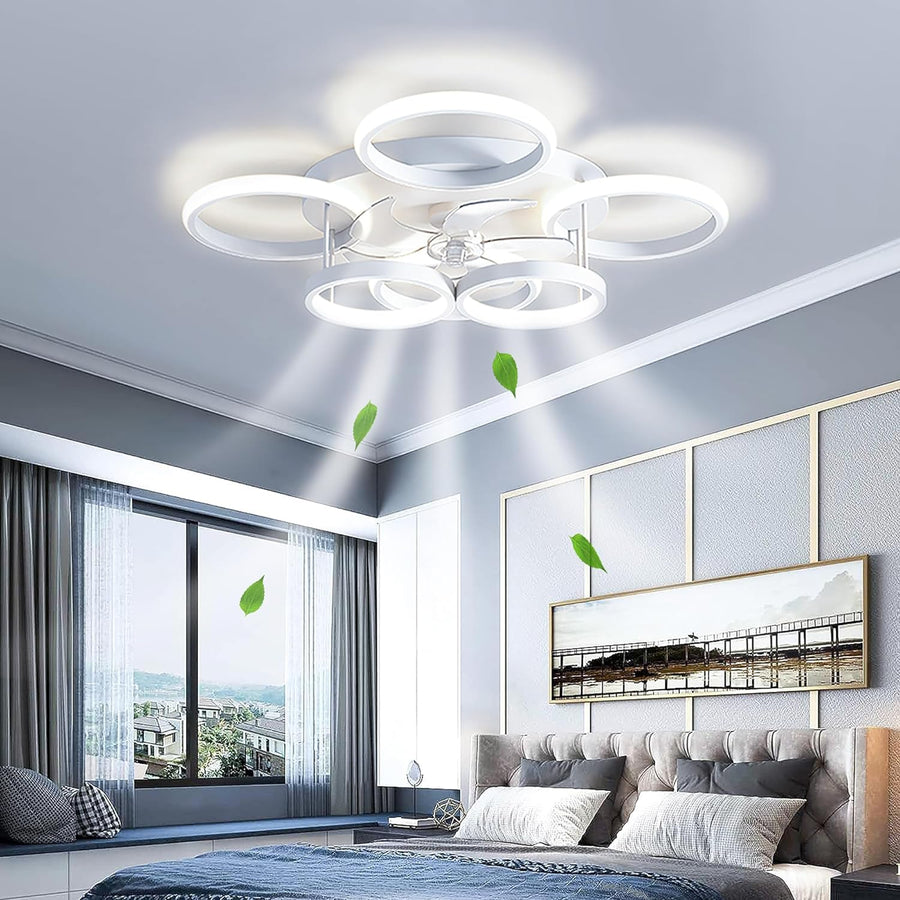 LuxiLamps - 6 Circle Ceiling Fan - White - 6 Speeds - Dimmable with Remote Control and APP - Modern Smart Fan Lamp