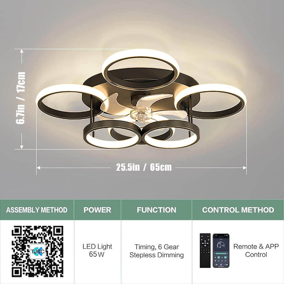 LuxiLamps - 6 Cirkel Plafondventilator - Zwart - 6 Snelheden - Dimbaar Met Afstandsbediening en APP - Moderne Smart Lamp Ventilator