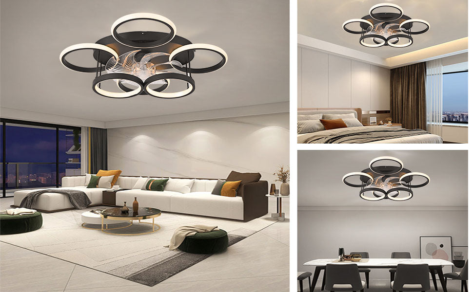 LuxiLamps - 6 Cirkel Plafondventilator - Zwart - 6 Snelheden - Dimbaar Met Afstandsbediening en APP - Moderne Smart Lamp Ventilator