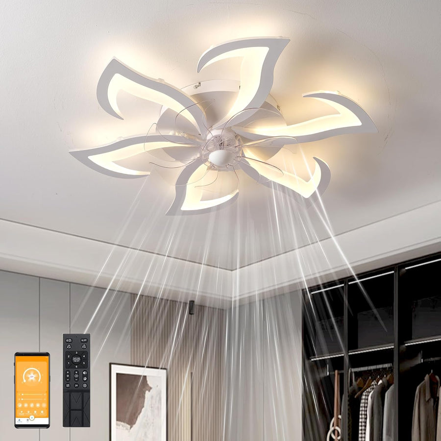 Moderne Ventilator Lamp - 6 Lotuslichtarmen - Plafondventilator Met Dimbare LED-Verlichting - Wit - 6 Snelheden - Afstandsbediening En App - Geheugenfunctie - Zomer-/Winterfunctie - Voor Keuken