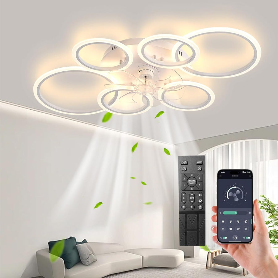 LuxiLamps - 6-Ring LED Ceiling Fan - White - 6 Speeds - Smart Lamp - Dimmable with Remote Control & APP - Modern Circle Fan Light - Chandelier Fan