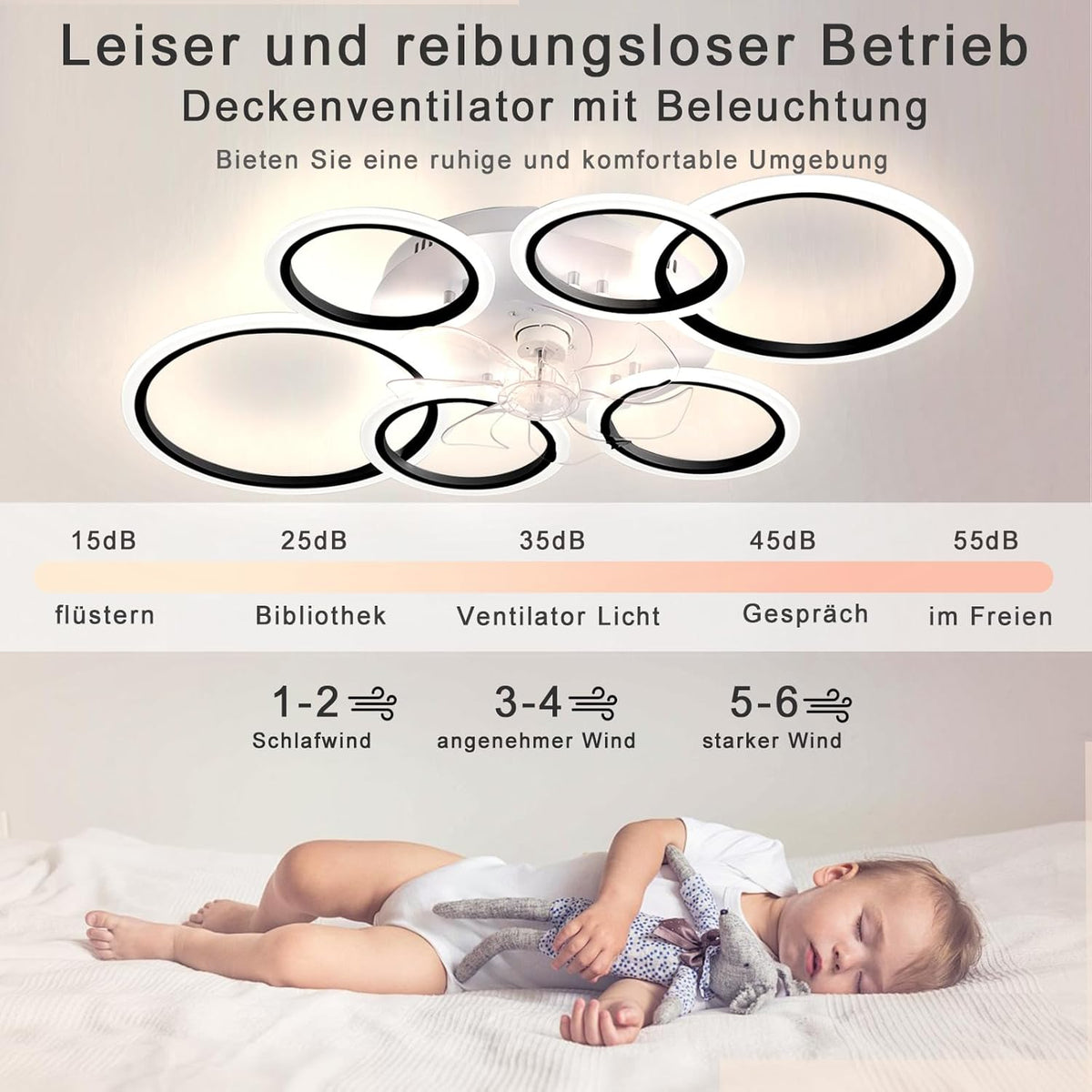 LuxiLamps - 6 Ringen LED Plafondventilator - Zwart - 6 Snelheden - Smart lamp - Dimbaar Met Afstandsbediening & APP - Moderne Cirkel Ventilator Licht - Kroonluchter Ventilator