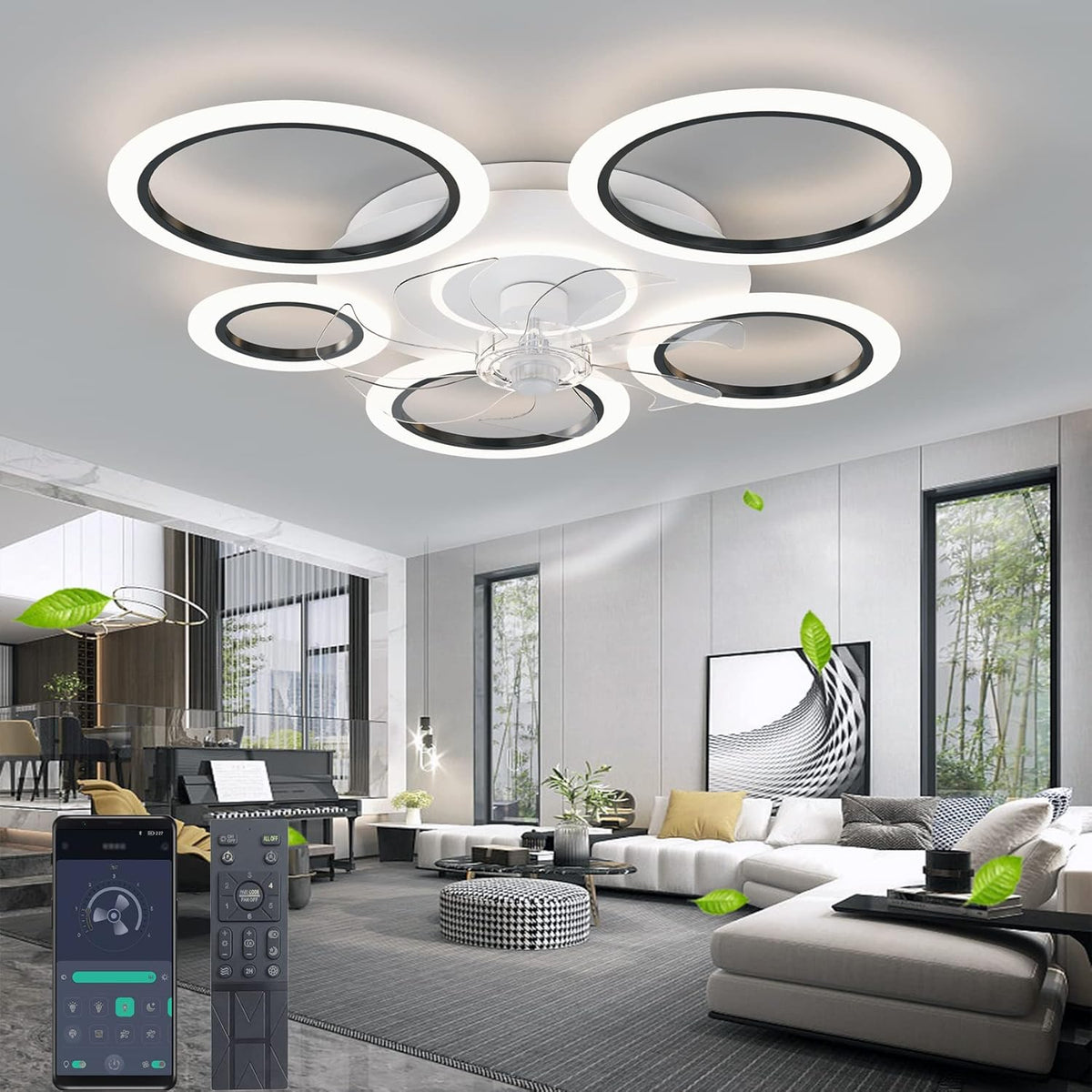 LuxiLamps - 6 Ringen Plafondventilator - Zwart - 6 Snelheden - Dimbaar Met Afstandsbediening en APP - Moderne Cirkel Ventilator Licht