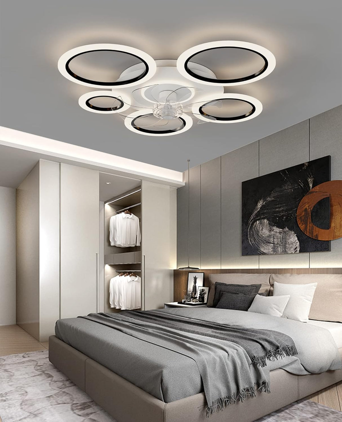 LuxiLamps - 6 Ringen Plafondventilator - Zwart - 6 Snelheden - Dimbaar Met Afstandsbediening en APP - Moderne Cirkel Ventilator Licht