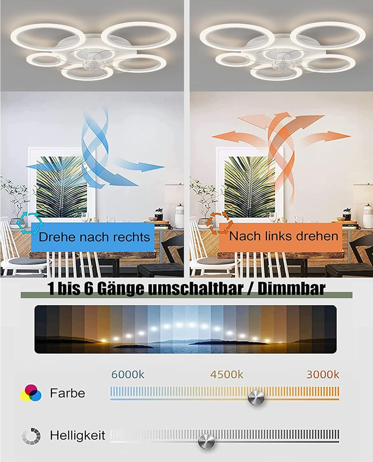 LuxiLamps - 6 Ringen Plafondventilator - Zwart - 6 Snelheden - Dimbaar Met Afstandsbediening en APP - Moderne Cirkel Ventilator Licht
