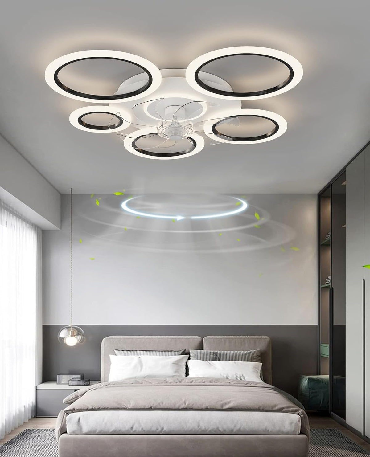 LuxiLamps - 6 Ringen Plafondventilator - Zwart - 6 Snelheden - Dimbaar Met Afstandsbediening en APP - Moderne Cirkel Ventilator Licht