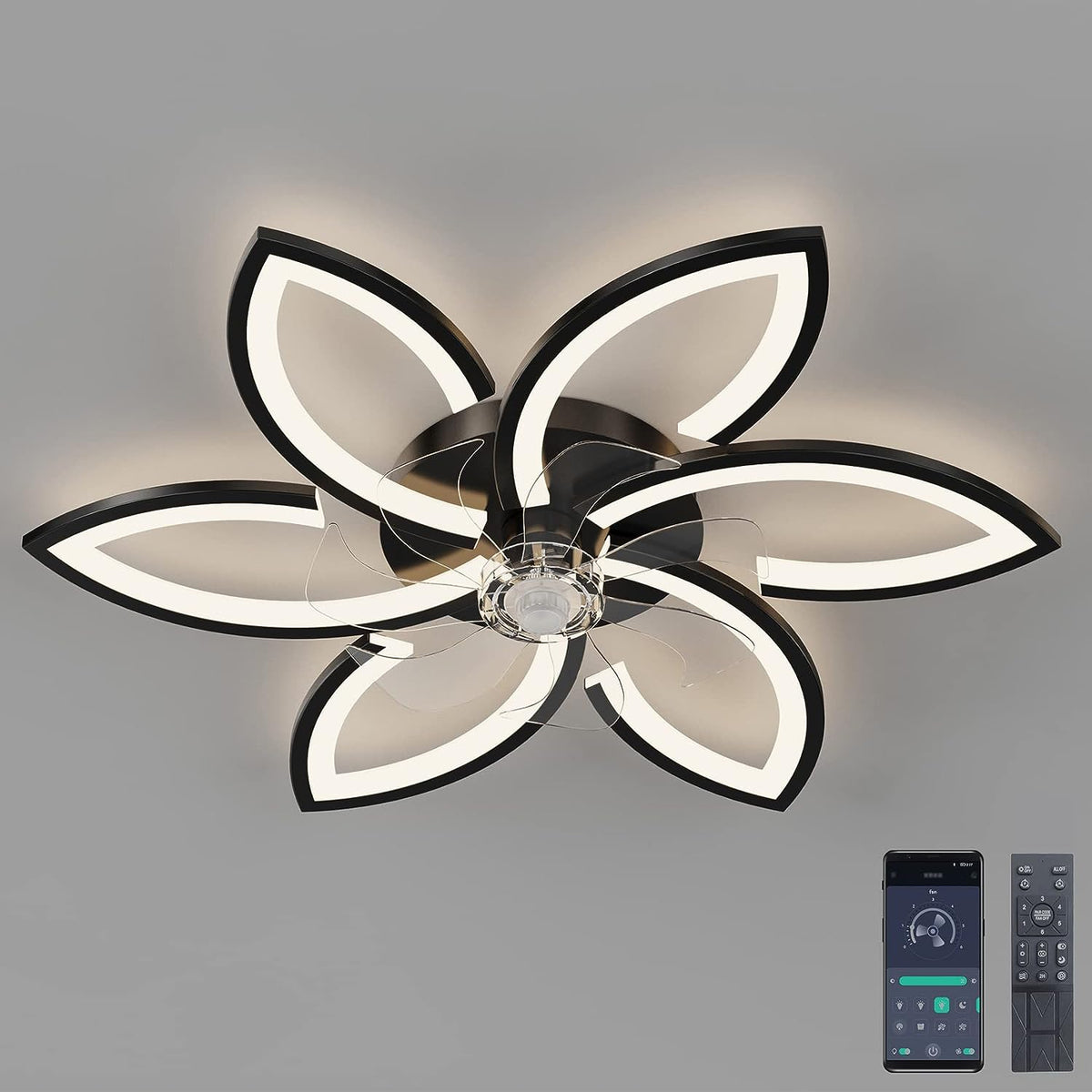LuxiLamps - 6 Star Ceiling Lamp With Fan - Black - With Remote Control - Smart Lamp - Dimmable With App - 6 Modes Fan - Living Room Lamp - Modern Lamp - Ceiling Lamp