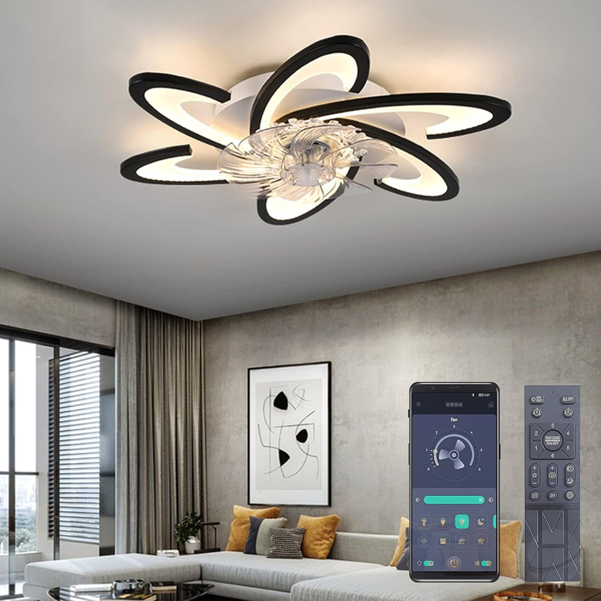 LuxiLamps - 6 Vleugel Plafondventilator - Smart Lamp - Dimbaar - Wit - 6 Standen - Woonkamerlamp Ventilator - Chandelier Fan - Ventilator Lampen - 67 cm