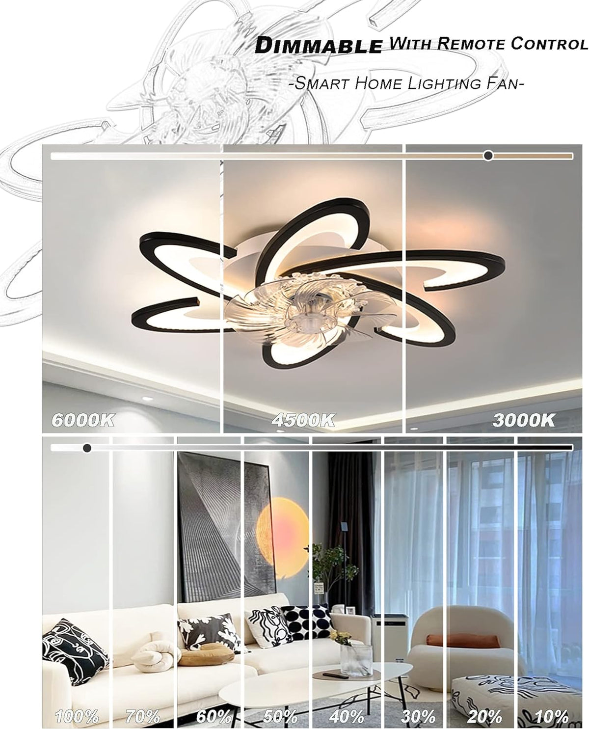 LuxiLamps - 6 Wing Ceiling Fan - Smart Lamp - Dimmable - Black - 6 Settings - Living Room Lamp Fan - Chandelier Fan - Fan Lamps - 67 cm