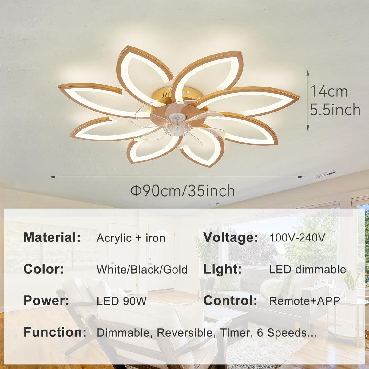 LuxiLamps - 8-Star Ceiling Fan Light - Gold - With Remote Control - Smart Lamp - App Dimmable - 6-Speed Fan - Living Room Light - Modern Lamp - Ceiling Light