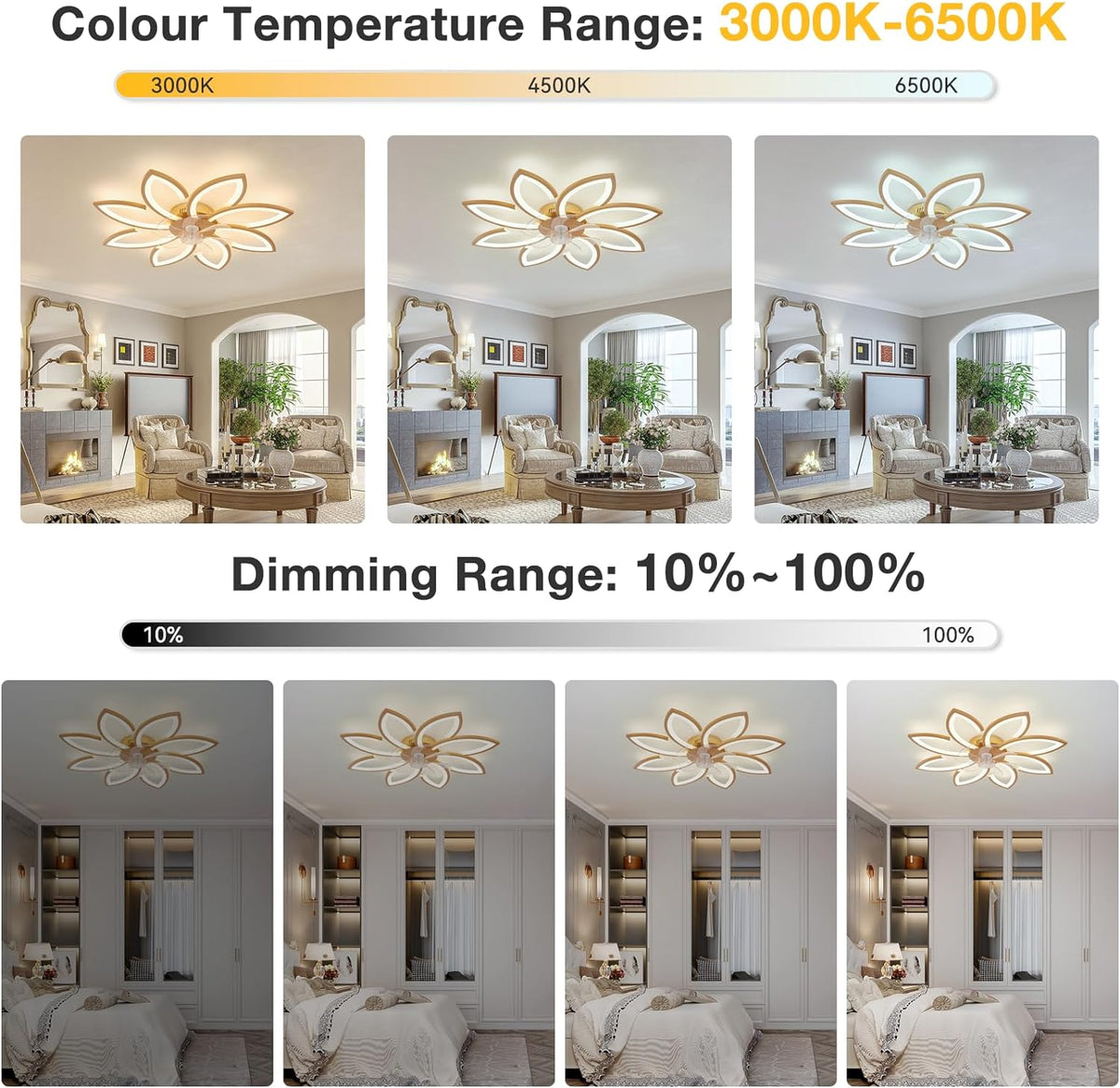LuxiLamps - 8-Star Ceiling Fan Light - Gold - With Remote Control - Smart Lamp - App Dimmable - 6-Speed Fan - Living Room Light - Modern Lamp - Ceiling Light