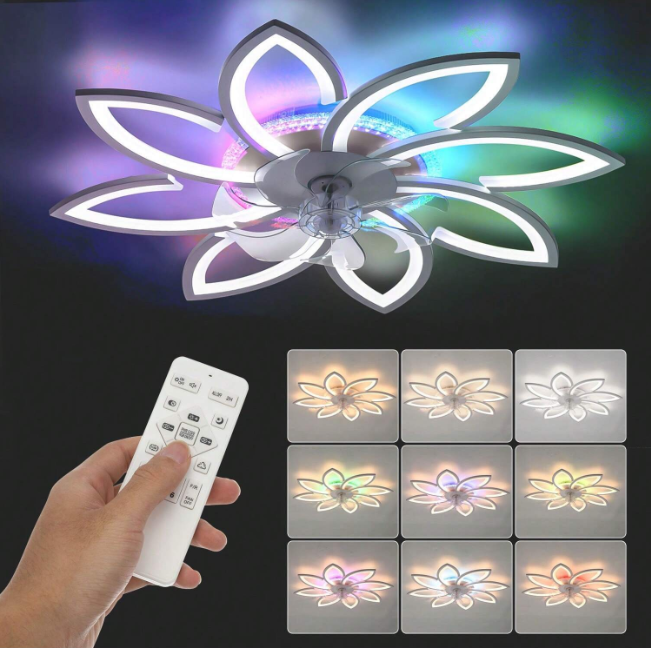 LuxiLamps - 8 Star Ceiling Lamp With Fan - RGB - With Remote Control - 12 Colors - Dimmable - 6 Fan Settings - Living Room Lamp - Modern Lamp - Ceiling Lamp