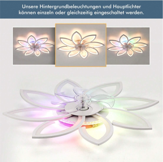 LuxiLamps - 8 Star Ceiling Lamp With Fan - RGB - With Remote Control - 12 Colors - Dimmable - 6 Fan Settings - Living Room Lamp - Modern Lamp - Ceiling Lamp