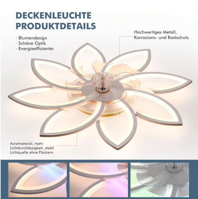 LuxiLamps - 8 Star Ceiling Lamp With Fan - RGB - With Remote Control - 12 Colors - Dimmable - 6 Fan Settings - Living Room Lamp - Modern Lamp - Ceiling Lamp