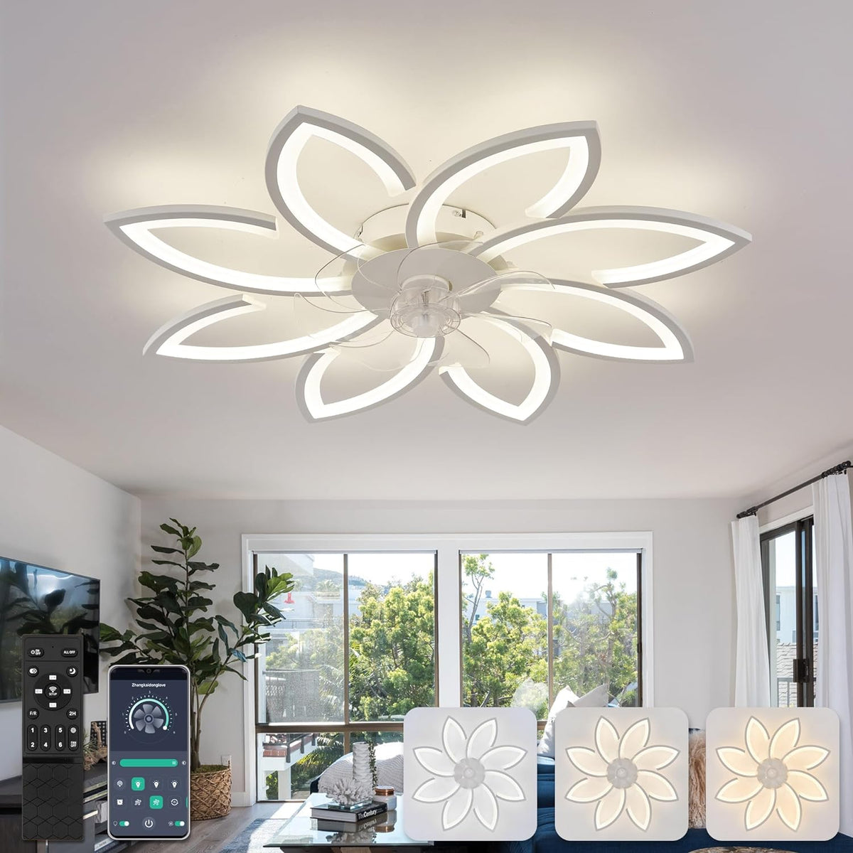 LuxiLamps - 8 Sterren Plafondlamp Met Ventilator - Wit - Met Afstandsbediening - Smart lamp - Dimbaar Met App - 6 Standen Ventilator - Woonkamerlamp - Moderne lamp - Plafoniere