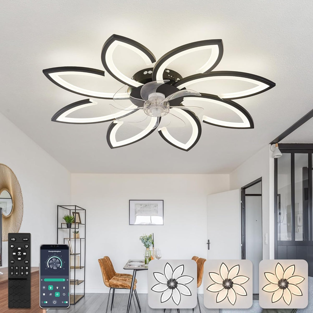 LuxiLamps - 8-Star Ceiling Fan Light - Black - With Remote Control - Smart Lamp - App Dimmable - 6 Fan Speeds - Living Room Lamp - Modern Lamp - Ceiling Light