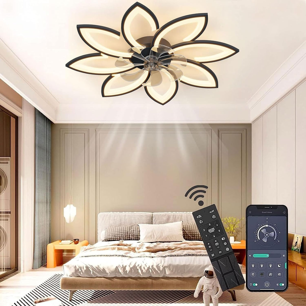 LuxiLamps - 8-Star Ceiling Fan Light - Black - With Remote Control - Smart Lamp - App Dimmable - 6 Fan Speeds - Living Room Lamp - Modern Lamp - Ceiling Light