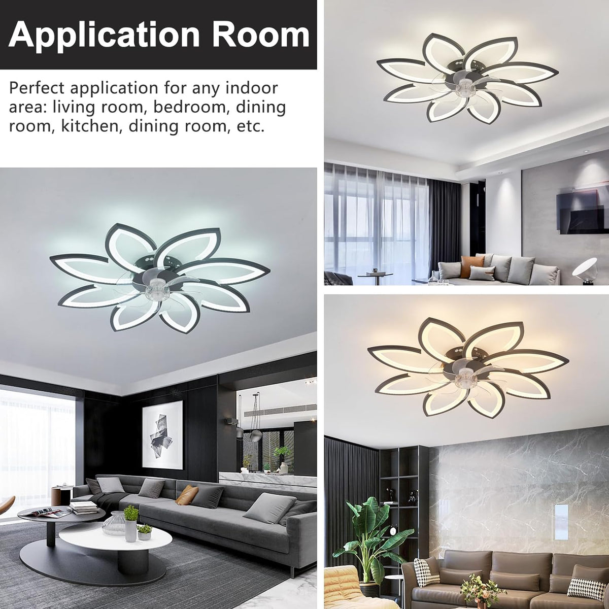LuxiLamps - 8-Star Ceiling Fan Light - Black - With Remote Control - Smart Lamp - App Dimmable - 6 Fan Speeds - Living Room Lamp - Modern Lamp - Ceiling Light