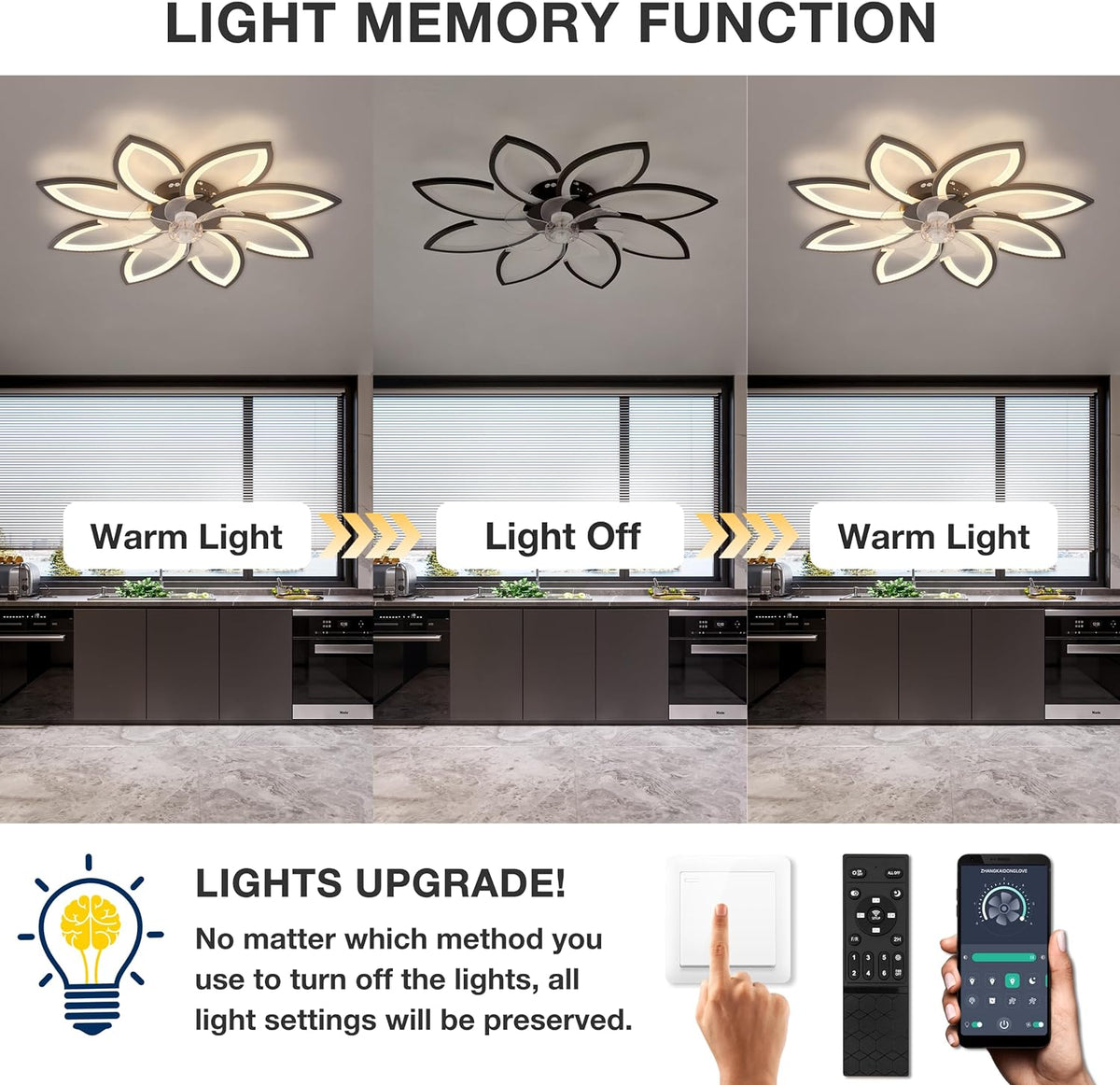 LuxiLamps - 8-Star Ceiling Fan Light - Black - With Remote Control - Smart Lamp - App Dimmable - 6 Fan Speeds - Living Room Lamp - Modern Lamp - Ceiling Light