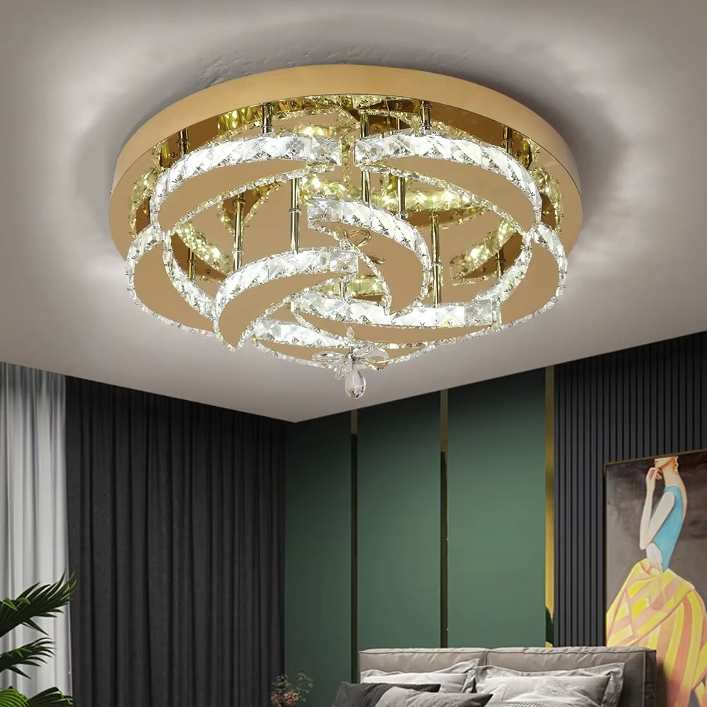 LuxiLamps - Flower Ceiling Lamp - Crystal - Dimmable With Remote Control - Gold - LED Ceiling Lamp - Living Room Lamp - Modern Lamp - Chandelier